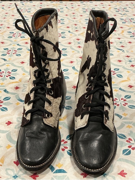 Larry Mahan Shoes - Larry Mahan Black Leather & White/Brown Cowhide Lace-Up Boots size 6 1/2